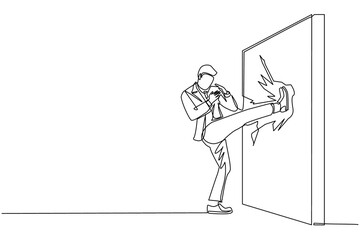 Poster - Single continuous line drawing businessman doing kung fu or karate kick to destroy the brick wall. Business concept of obstacle and solution. Obstruction ruined with force. One line draw design vector