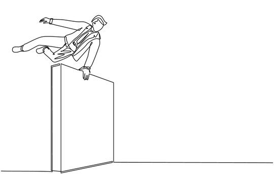 Single one line drawing businessman jumps over wall, outside comfort zone to get new experience, fun and excited. Life begins when trying different things. Continuous line draw design graphic vector