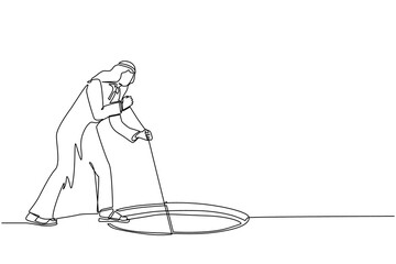 Poster - Single one line drawing Arab businessman stretch out rope into hole. Man wondering and looking at big hole, business concept in opportunity, exploration, challenge. Continuous line draw design vector