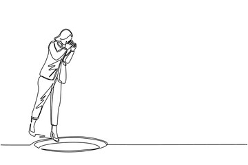 Poster - Single continuous line drawing businesswoman scream into pit hole. Woman wondering, looking at big hole, business concept in opportunity, exploration or challenge. One line draw graphic design vector
