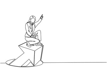 Poster - Single one line drawing businesswoman standing on arrows coming out of holes. Woman leading financial graph rising from hole. Business growth concept. Modern continuous line draw design graphic vector
