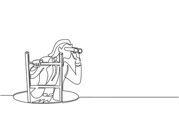 Poster - continuous one line drawing businesswoman climbs out of the hole by ladder and using binocular. busi