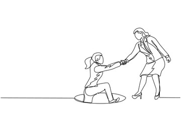 Poster - continuous one line drawing businesswoman helping her friend by take her out from hole. two women on