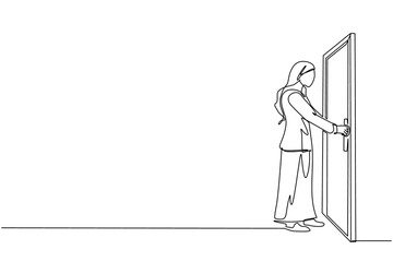 Poster - Single one line drawing Arabian businesswoman holding door knob. Entering room in office building. Girl holding door knob to open door and enter work space. Continuous line draw design graphic vector