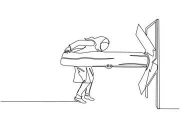 Poster - Single one line drawing Arabic businesswoman holding large log and destroying door. Overcome challenges, and destroying obstacles with power and brute force. Continuous line draw design graphic vector