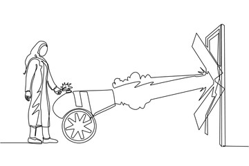 Poster - Single continuous line drawing Arab businesswoman ignites cannon in front of door and destroying door. Eliminating barrier of entries, destroying obstacle with brute force. One line draw design vector
