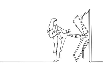 Poster - Continuous one line drawing Arabian businesswoman kicks the door until door shattered. Woman kicking locked door and destroy. Business concept of overcoming obstacles. Single line draw design vector