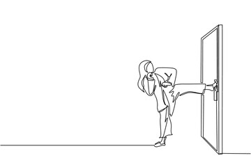 Poster - single one line drawing arabian businesswoman kicks door closed with her leg. business and success. 