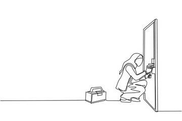 Poster - Single continuous line drawing Arab businesswoman prying doorknob with screwdriver. Woman repair broken handle door knob with handywoman tool in tool box. Business concept. One line draw design vector