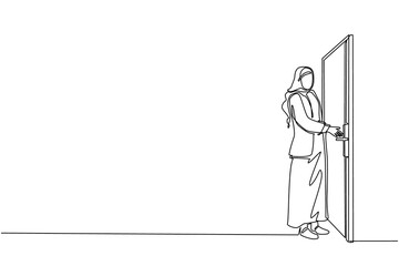 Poster - Single continuous line drawing Arabian businesswoman inserts key into keyhole which is on the door. Woman opens office room door with key. Success business concept. Dynamic one line draw design vector