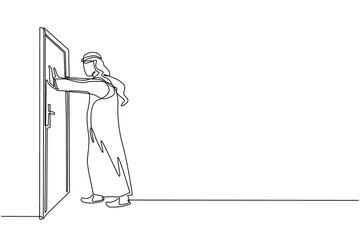 Poster - continuous one line drawing arab businessman pushes closed door on white wooden door frame. business