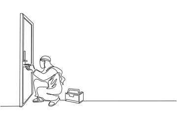 Poster - Continuous one line drawing Arabian businessman prying doorknob with screwdriver. Man repair broken handle door knob with handyman tool in tool box. Business concept. Single line draw design vector