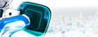 EV electric vehicle battery charging with a city charging point icon on white background,double exposure,environmentally friendly car concept