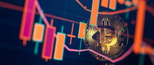 Bitcoin Price Crash In Front Of A Red Abstract Virtual Background. Stock Market Concept, Digital Money And Stock Business.