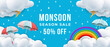 monsoon season sale banner in 3d style with rainbow, rainfall, umbrellas, clouds, and thunder