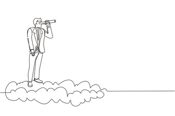 Poster - Single one line drawing businessman riding high cloud holding telescope or binocular to search for business visionary. Leadership vision to see company strategy. Continuous line draw design vector