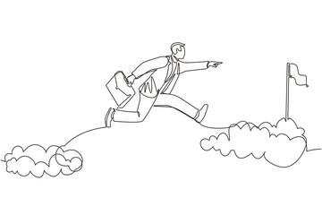 Poster - Single continuous line drawing fearless brave businessman make risk by jump over clouds to reach his success target or flag. Challenge of his career. One line draw graphic design vector illustration