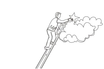 Poster - continuous one line drawing businessman is standing on stairs and reaching star on the sky. goals an