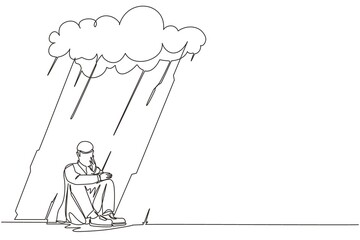 Poster - single continuous line drawing businessman feeling sad and depression sitting under rain and cloud. 
