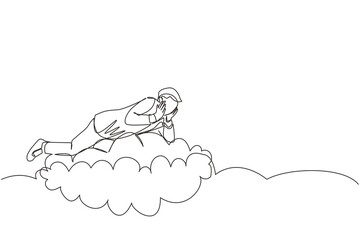 Poster - Continuous one line drawing dreamer. Businessman lay on the clouds and dreaming or thinking something about new business. Young man lying on the cloud. Single line design vector graphic illustration