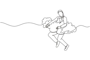 Poster - Single continuous line drawing businessman hang in the clouds. Hoping for success, financial freedom, winning business project, achievement concept. One line draw graphic design vector illustration