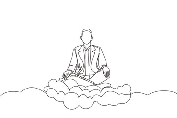 Poster - Continuous one line drawing office worker or businessman relaxes and meditates in lotus position on clouds. Cheerful man relaxing with yoga or meditation pose. Single line draw design vector graphic