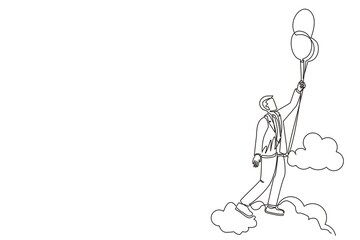 Poster - Single one line drawing businessman floating with balloon. Man holding balloon flying through cloud. Worker reaches goal, target, finds solution. Continuous line design graphic vector illustration