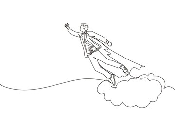 Poster - Single continuous line drawing businessman superhero flies up and leaves cloud of dust. Super worker in robe cloak takes off. Power and uniqueness business concept. One line draw graphic design vector