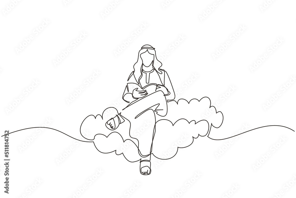 Continuous one line drawing Arab man sitting on cloud reading book ...