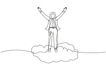 Poster - Continuous one line drawing businesswoman on top of cloud with raised hands. Successful business concept. Financial freedom, happiness, peaceful. Single line draw design vector graphic illustration