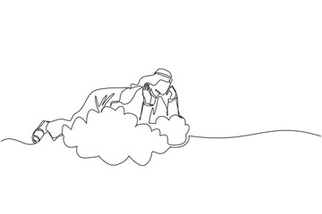 Poster - Single continuous line drawing dreamer. Arabic businessman lay on the clouds and dreaming or thinking something about new business. Man lying on cloud. one line draw graphic design vector illustration