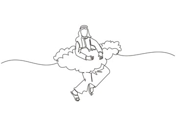 Poster - Continuous one line drawing Arabic businessman hang in clouds. Hoping for success, financial freedom, winning business project, achievement concept. Single line draw design vector graphic illustration