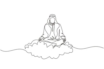 Poster - Single one line drawing office worker or businessman relaxes and meditates in lotus position on clouds. Cheerful Arabic man relaxing with yoga or meditation pose. Continuous line design graphic vector