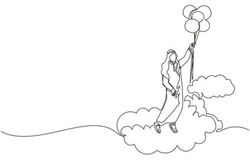 Poster - Single one line drawing Arabic businessman floating with balloon. Man holding balloon flying through cloud. Worker reaches goal, target, finds solution. Continuous line draw design vector illustration