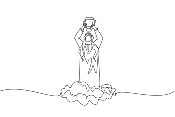 Poster - Single one line drawing Arabian businessman holding trophy in cloud. Showing award celebrates his victory in sky. Business success goal achievement. Winning competition. Continuous line design vector