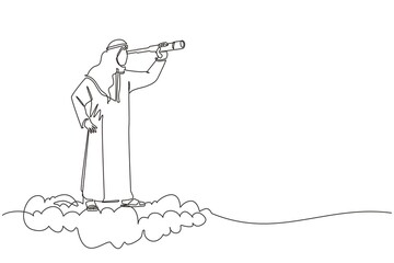Poster - Single continuous line drawing Arabian businessman riding high cloud holding telescope or binocular to search for business visionary. Leadership vision to see company strategy. One line design vector