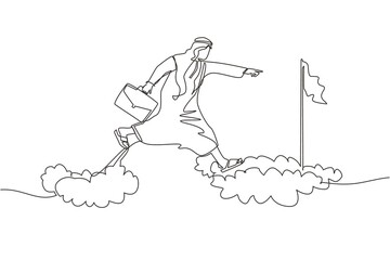 Poster - Continuous one line drawing fearless brave Arabic businessman make risk by jump over clouds to reach his success target or flag. Challenge of his career. Single line design vector graphic illustration