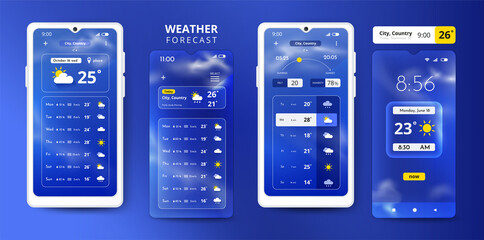 Wall Mural - weather forecast smartphone ui. widget interface with graphic of sun, rain or snow icons. atmosphere