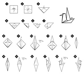 Poster -  How to make origami waterfowl bird. Step by step instructions. Monochrome black and white vector simple DIY illustration.