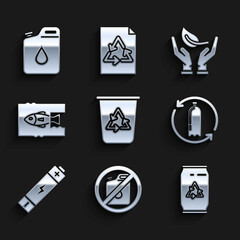 Sticker - Set Recycle bin with recycle symbol, No canister for gasoline, Can and, Recycling plastic bottle, Battery, Stop ocean pollution, Sprout hand of environmental protection and Canister icon. Vector