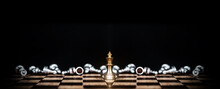Close Up King Chess Stand With Falling Chess Concept Of Team Player Or Business Team And Leadership Strategy Or Strategic Planning And Human Resources Organization Risk Management.