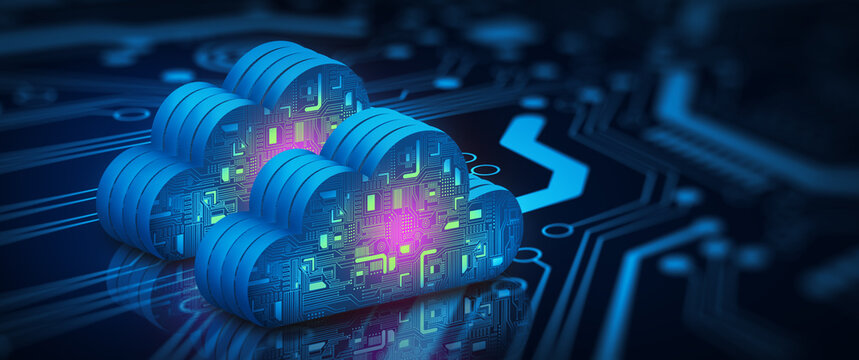 Wall Mural -  - Cloud computing technology internet on Converging point of circuit with Abstract blue background. Cloud Service, Cloud Storage Concept. 3D illustration.