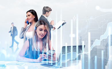 Wall Mural - Teamwork in financial company, stock market candlesticks and buildings