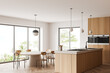 © ImageFlow - Stylish kitchen interior with chairs and island, eating space and panoramic window