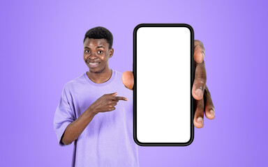 Poster - Black man pointing at phone mockup display, purple background