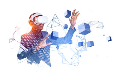 Wall Mural - Black businessman in vr glasses, data blocks in cyberspace, information fields