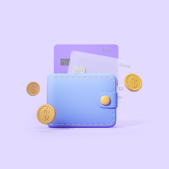 Wall Mural - Wallet with credit card and coins on violet background