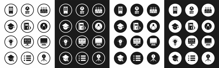 Sticker - Set Online class, Audio book, Graduation cap on globe, Mobile phone, Create account screen, Computer monitor and Light bulb with concept of idea icon. Vector