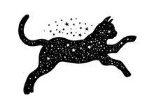 Black Cat. Witch Halloween Magic Vector. Mystic Cat Icon Silhouette. Animal Illustration With Moon, Star On Black Background. Gothic Or Boho Tattoo, Print, Logo. Cute Sketch With Mystic Cosmos Element