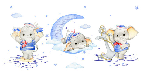 Baby elephants, in sailor suits, moon, clouds, anchor, stars. Watercolor set, cliparts, on an isolated background.